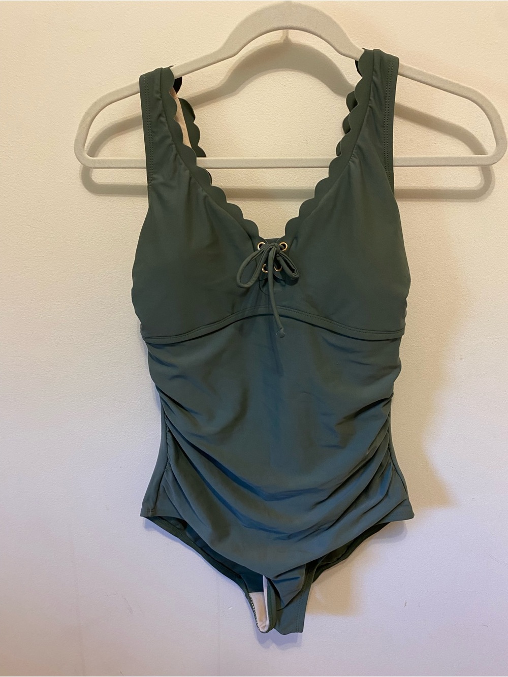 Merona Olive Green One-Piece Swimsuit with Scallop Trim women’s small